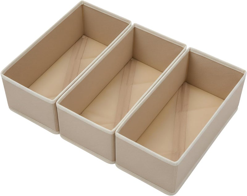 Bructhun Sock Drawer Organizer 3 Pack - Collapsible Fabric Storage Bins for Underwear Divider, Small Closet Organizers with 3 Compartments, Khaki - Image 1